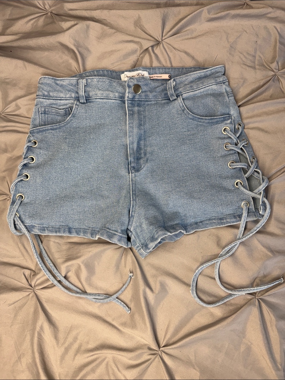 Denim Blvd  Light Blue Denim Shorts with Side Lace-Up Detail - Size M (15” waist